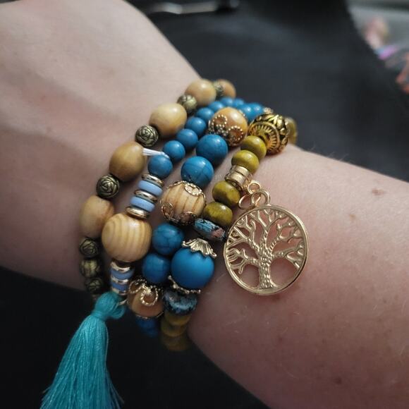 Boho tree of life layered beaded 4 pack bracelets l, teal blue, tan, gold charm - Picture 2 of 3